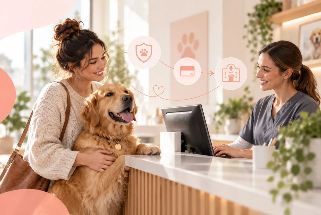 Owner and golden-colored dog at veterinary reception counter